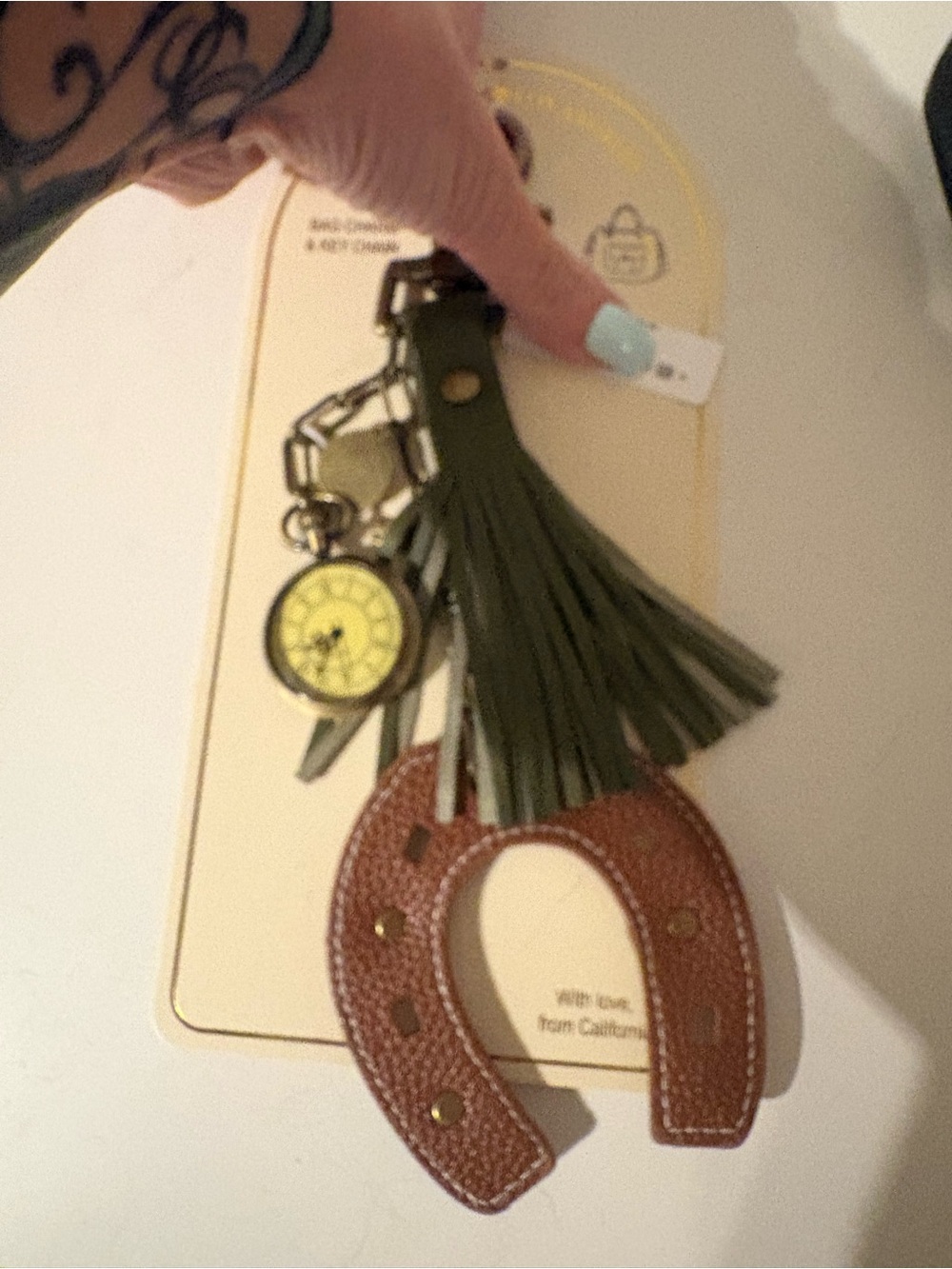 Olive Green Tassel and Brown Leather Horseshoe Keychain